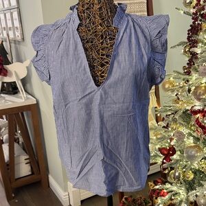 H&M Blue Striped Blouse with Ruffle Sleeves